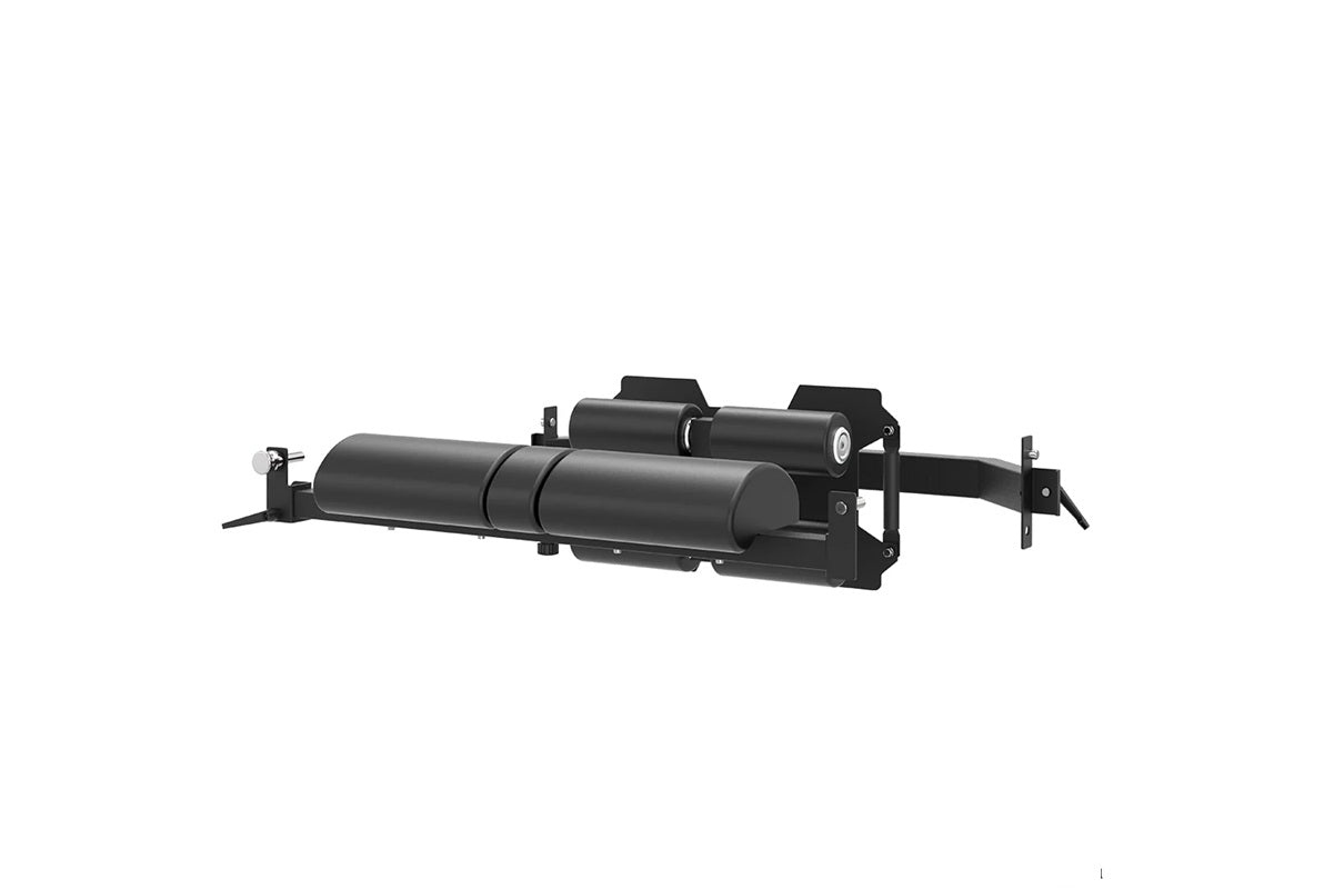 Black cable crossover pulley system with dual cylindrical weights, metal frame, and adjustable lat pulldown arms on white bac
