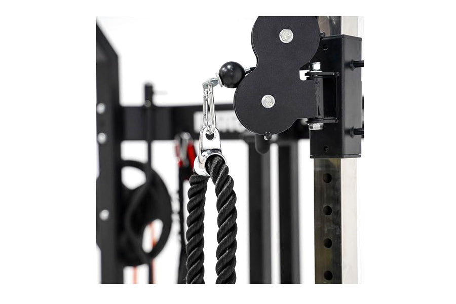 Black cable pulley system with dual rope attachment and metal carabiner on functional trainer frame
