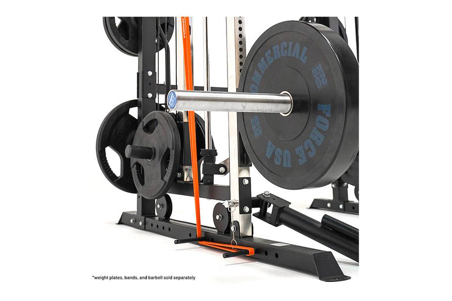 Black and orange all-in-one functional trainer with cable crossover, smith machine, and weight plate storage on white backgro