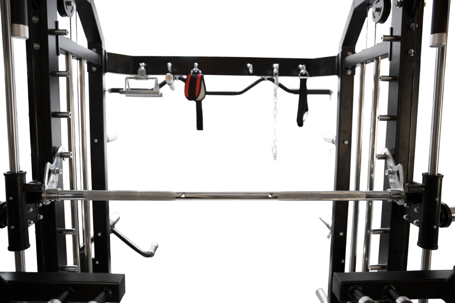 Warrior 801 black and silver functional trainer cable crossover machine with Smith bar, hanging accessories, and pulley syste