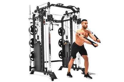 Black and white metal functional trainer with cable crossover system, dual weight stacks, and Smith machine bar, shown with s