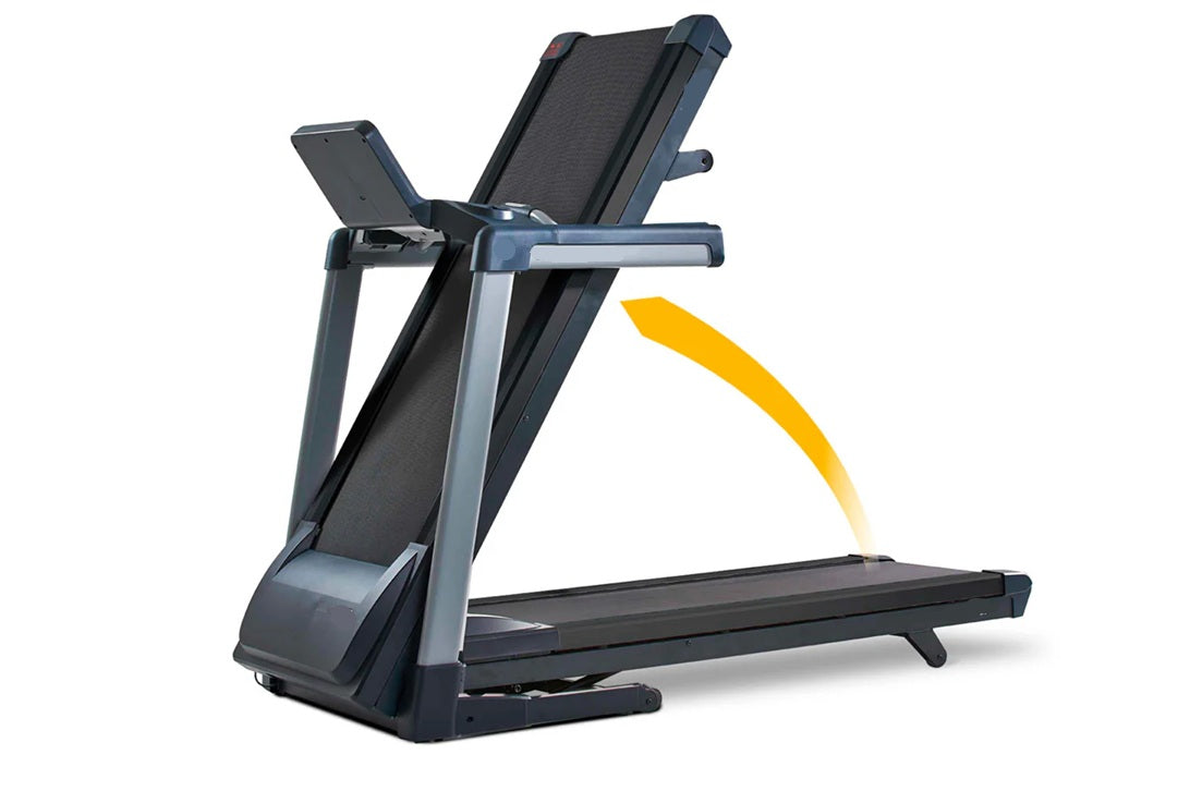 Malibu 223 folding treadmill with dark gray frame, black running deck, digital display, and handrails on white background