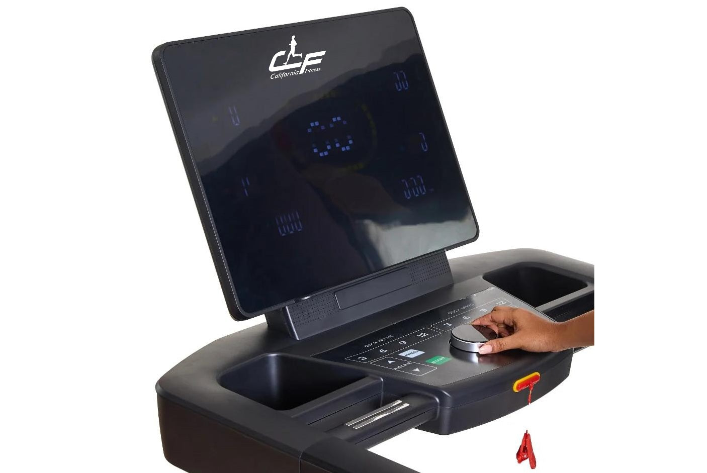 California Fitness Malibu 223 folding treadmill with black frame, digital display screen, control panel, and hand sensor, sho
