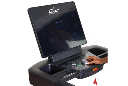 California Fitness Malibu 223 folding treadmill with black frame, digital display screen, control panel, and hand sensor, sho