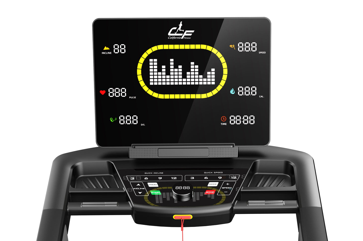 California Fitness Malibu 223 folding treadmill with black frame, digital console displaying incline, speed, pulse, calories,