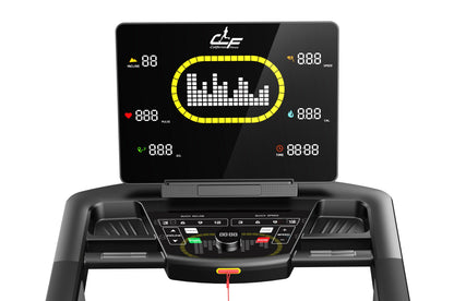 California Fitness Malibu 223 folding treadmill with black frame, digital console displaying incline, speed, pulse, calories,