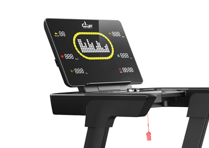 California Fitness Malibu 223 folding treadmill with black base, digital display showing yellow waveform graphic and white fi
