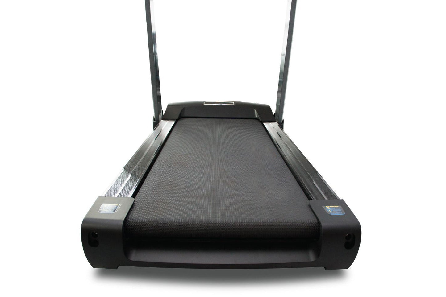 Black folding treadmill with gray rails and dual handles, textured running belt on white background