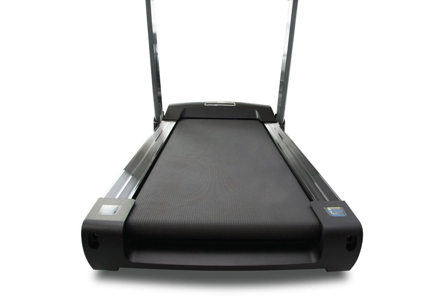 Black folding treadmill with gray rails and dual handles, textured running belt on white background