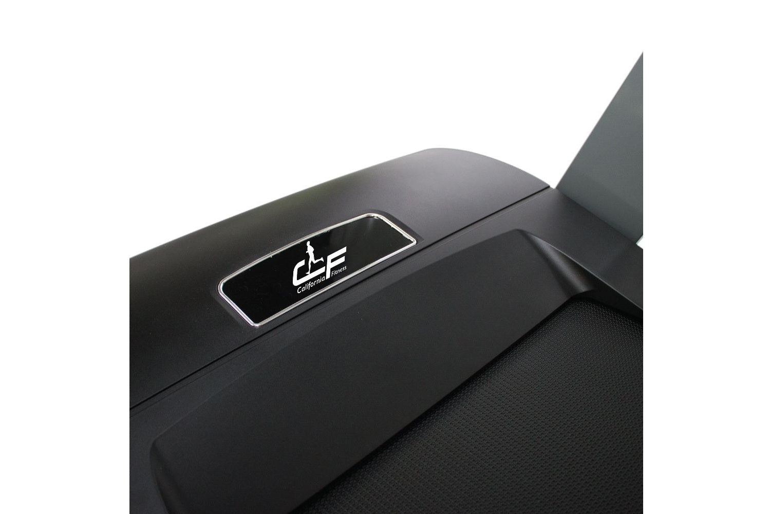 Black folding treadmill with gray console featuring California Fitness logo, angled view on white background