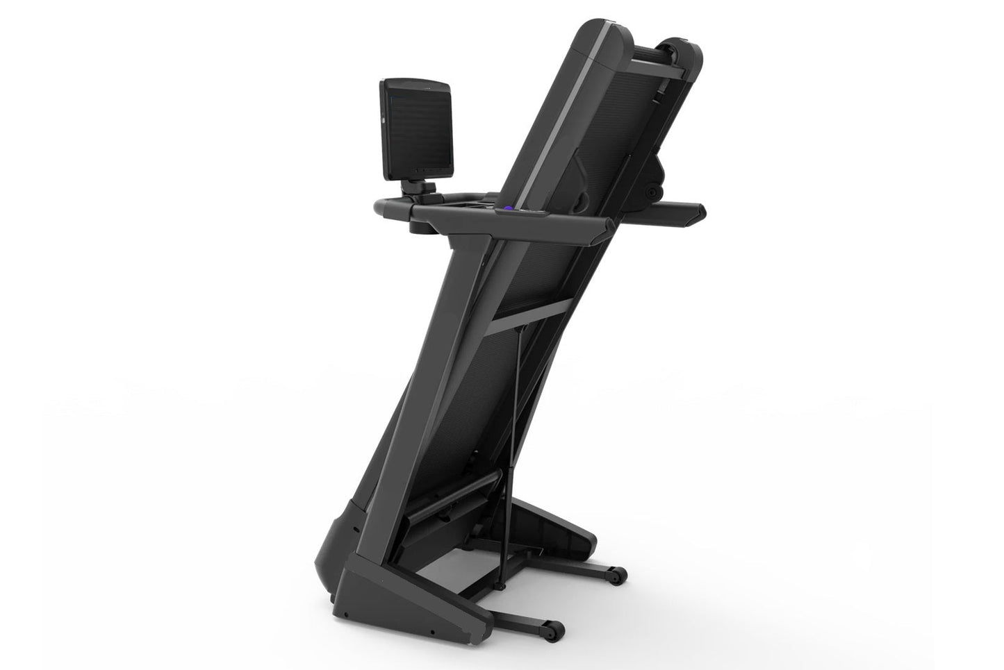 Black folding treadmill with dual device holders and incline capability on white background