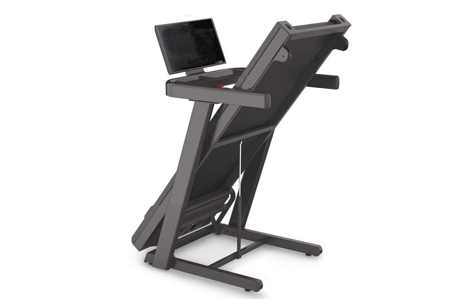 Black folding treadmill with gray frame, digital display screen, and tablet holder on white background
