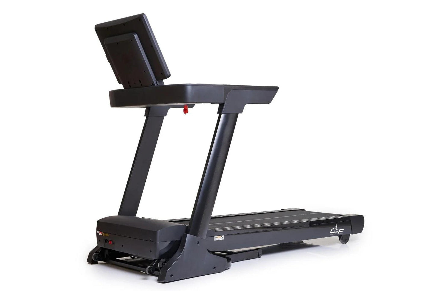 Black folding treadmill with digital display console, handrails, and running deck on white background