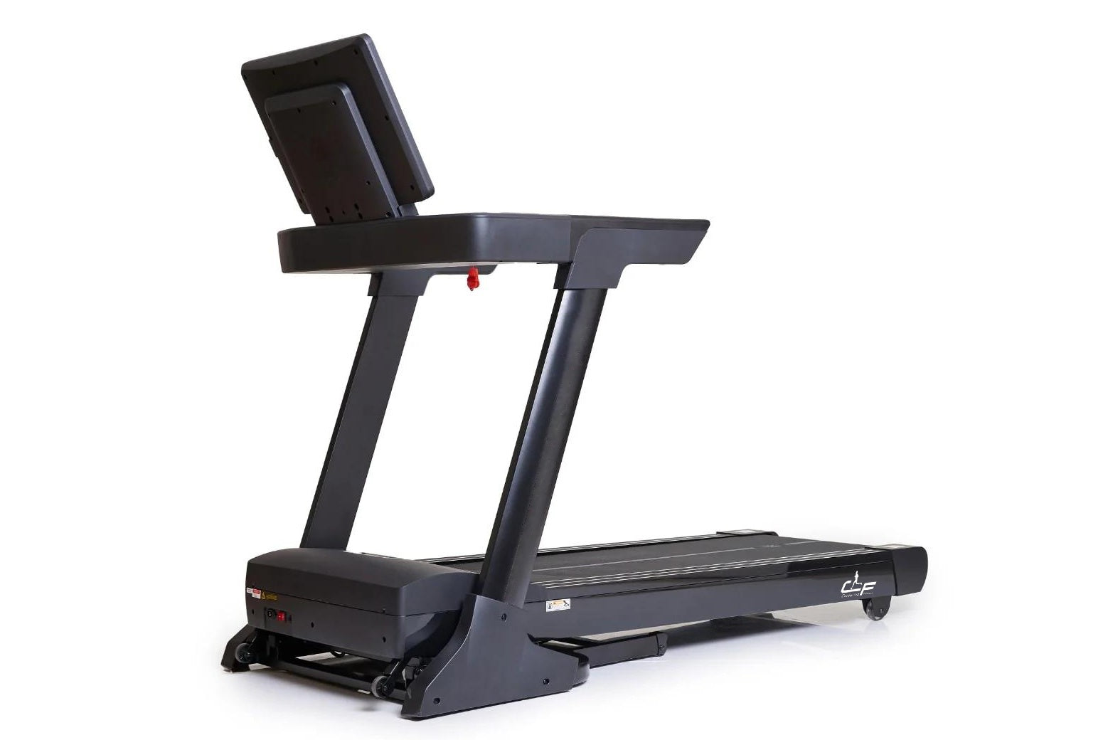 Black folding treadmill with digital display console, handrails, and running deck on white background