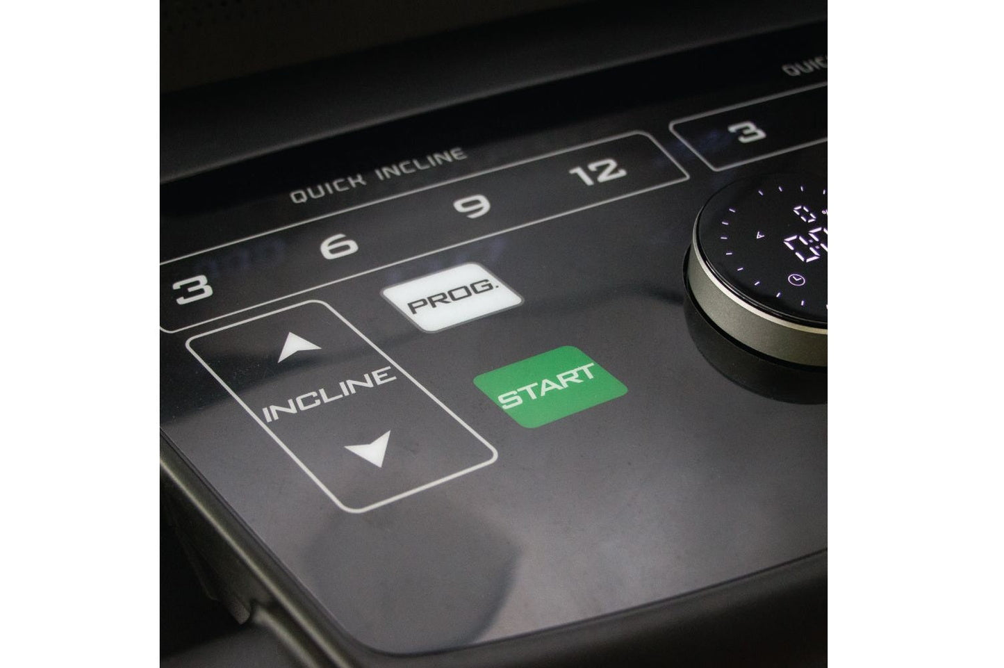 Malibu 223 treadmill control panel showing incline buttons, quick incline settings 3-12, PROG button, and green START button