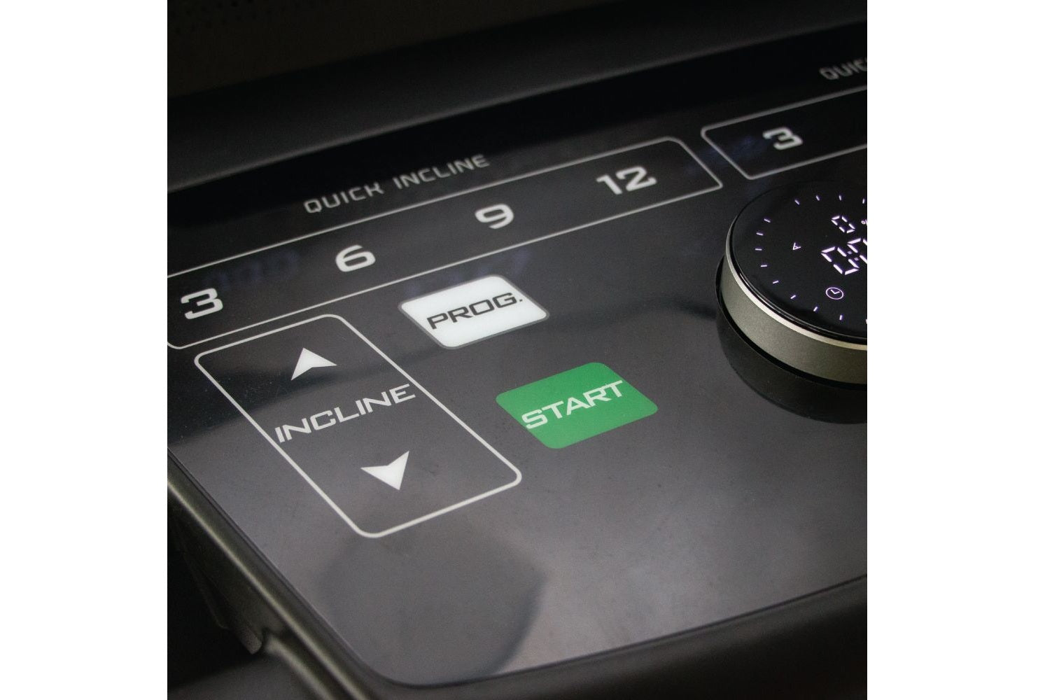 Malibu 223 treadmill control panel showing incline buttons, quick incline settings 3-12, PROG button, and green START button