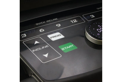 Malibu 223 treadmill control panel showing incline buttons, quick incline settings 3-12, PROG button, and green START button