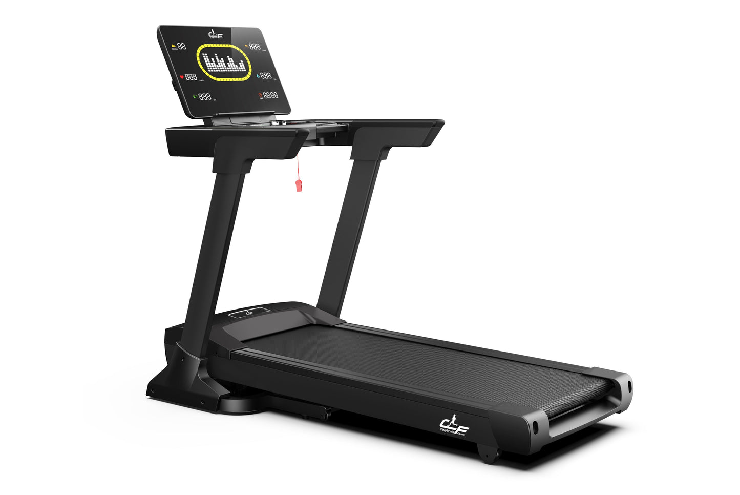 Black motorized treadmill with digital display tablet mounted on top showing workout metrics and yellow circular interface, o
