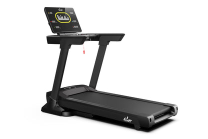 Black motorized treadmill with digital display tablet mounted on top showing workout metrics and yellow circular interface, o