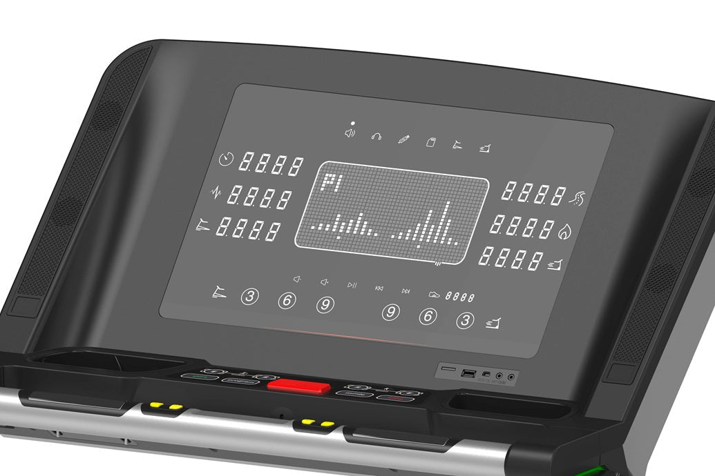 Black and gray folding treadmill with digital console displaying workout metrics and bar graph, control buttons, and speaker 