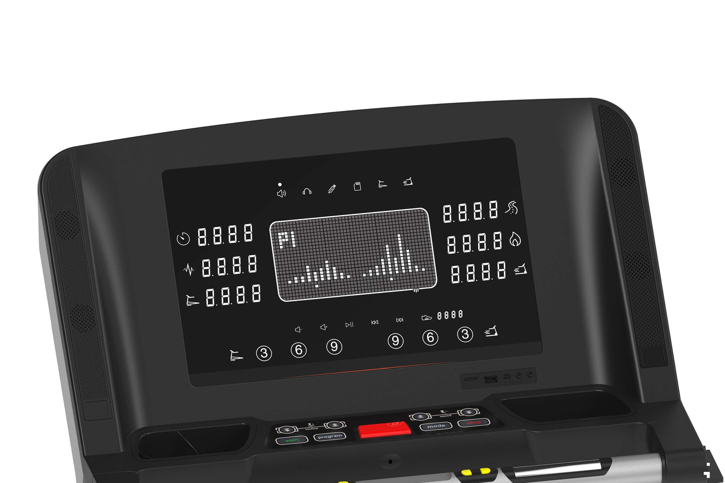 Black folding treadmill with digital display screen showing workout metrics, control buttons, and speakers on sides