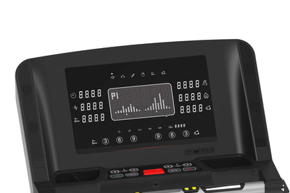 Black folding treadmill with digital display screen showing workout metrics, control buttons, and speakers on sides