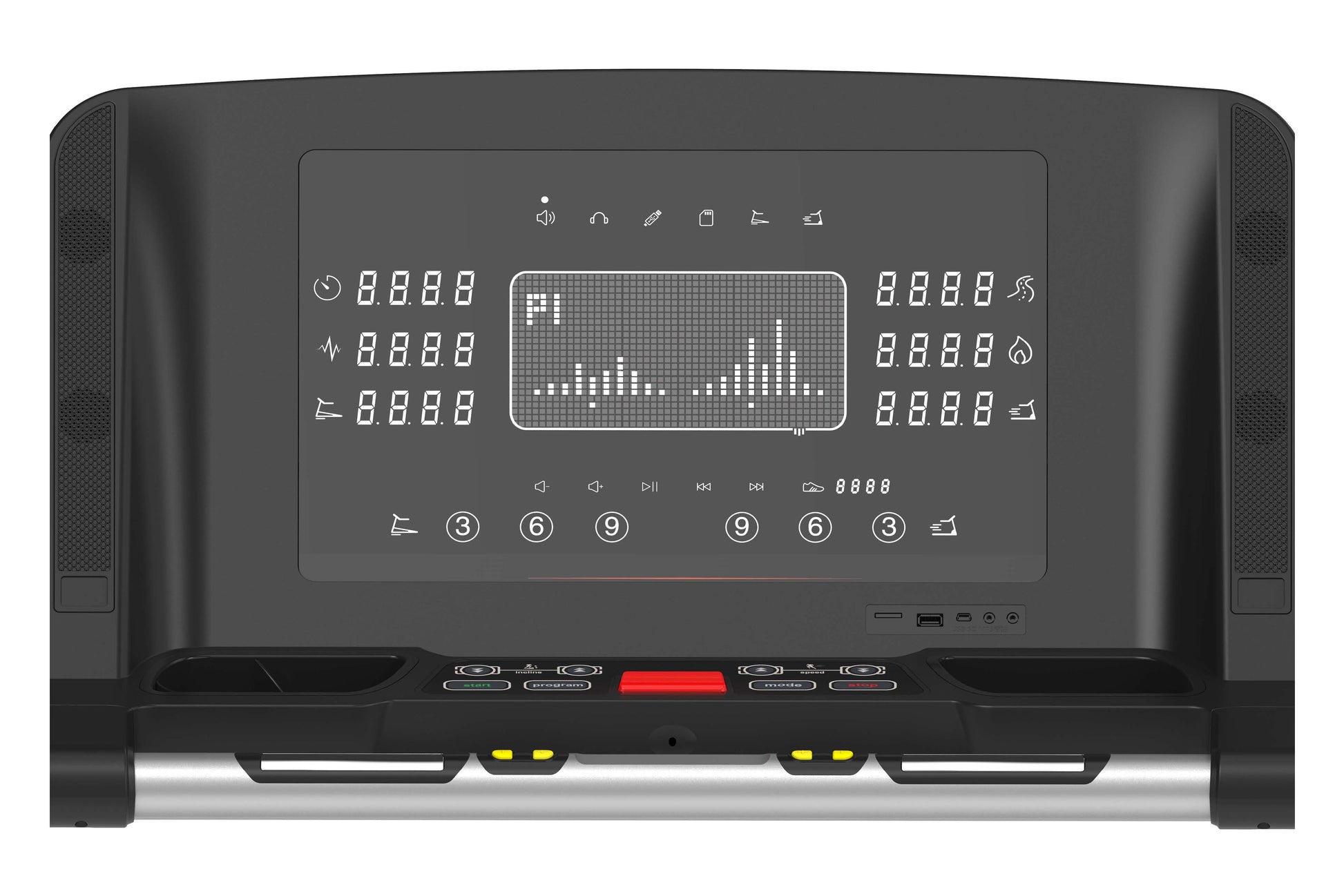 Black folding treadmill with digital display showing audio equalizer, dual digital readouts, control buttons, and silver base