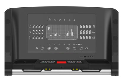 Black folding treadmill with digital display showing audio equalizer, dual digital readouts, control buttons, and silver base