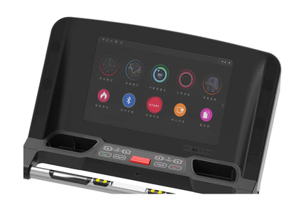 Black foldable treadmill with touchscreen display showing colorful workout app icons, control buttons, and dual speakers on w