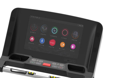 Black treadmill with large touchscreen display showing workout apps, control panel with red START button, and dual speakers o
