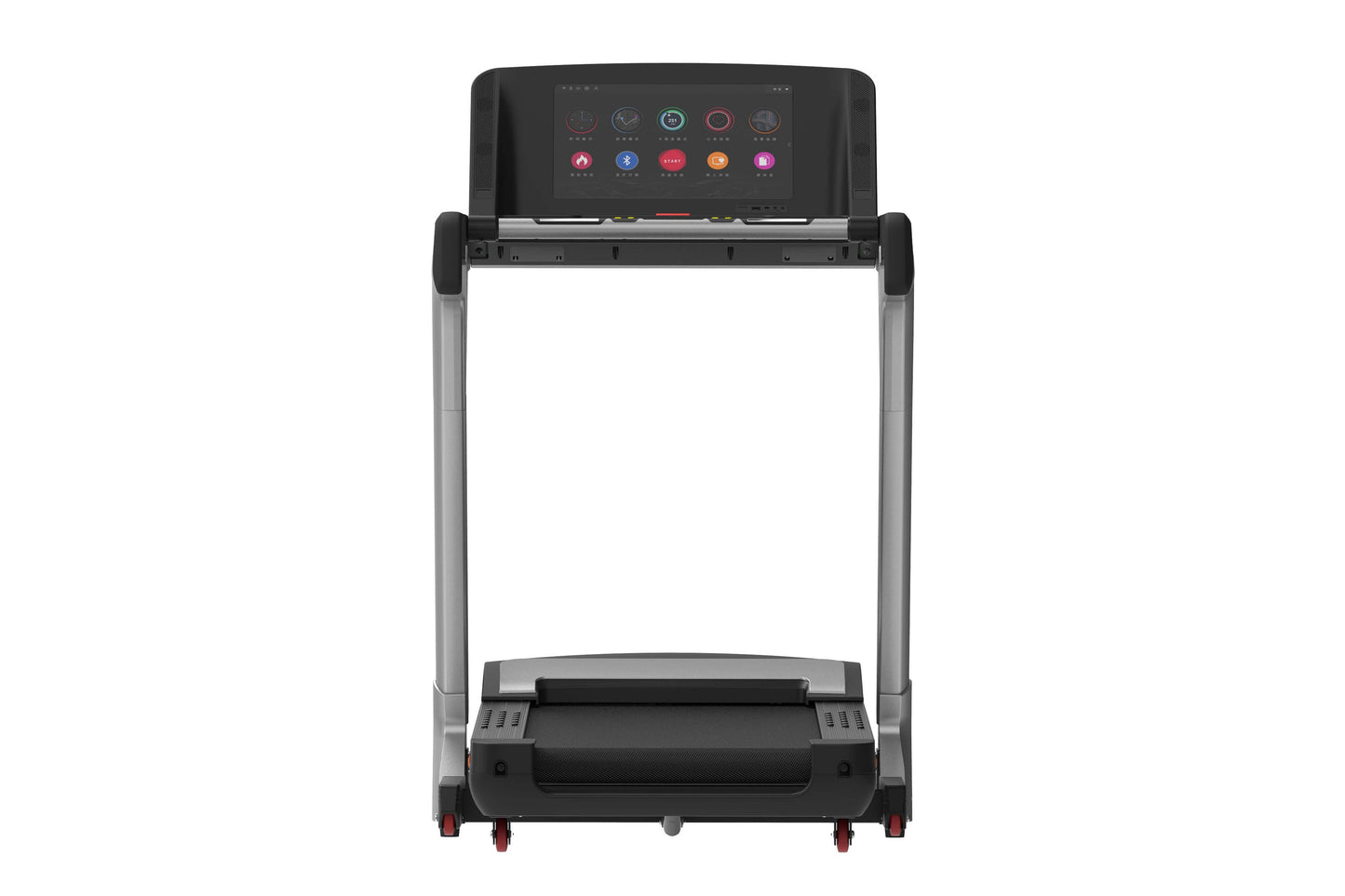 Black and silver folding treadmill with touch console display showing fitness icons, on white background