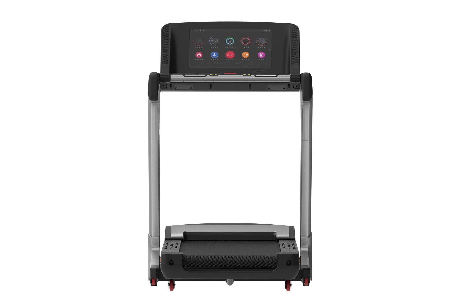 Black and silver folding treadmill with touch console display showing fitness icons, on white background