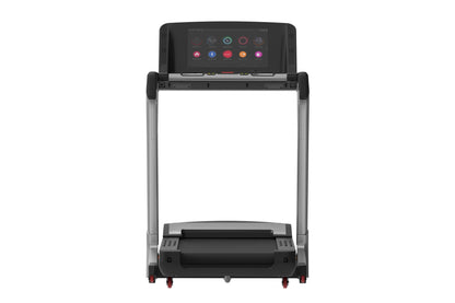 Black and silver folding treadmill with touch console display showing fitness icons, on white background