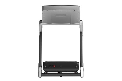 Malibu 6T heavy-duty folding treadmill with gray frame, black control panel, and touch console on white background