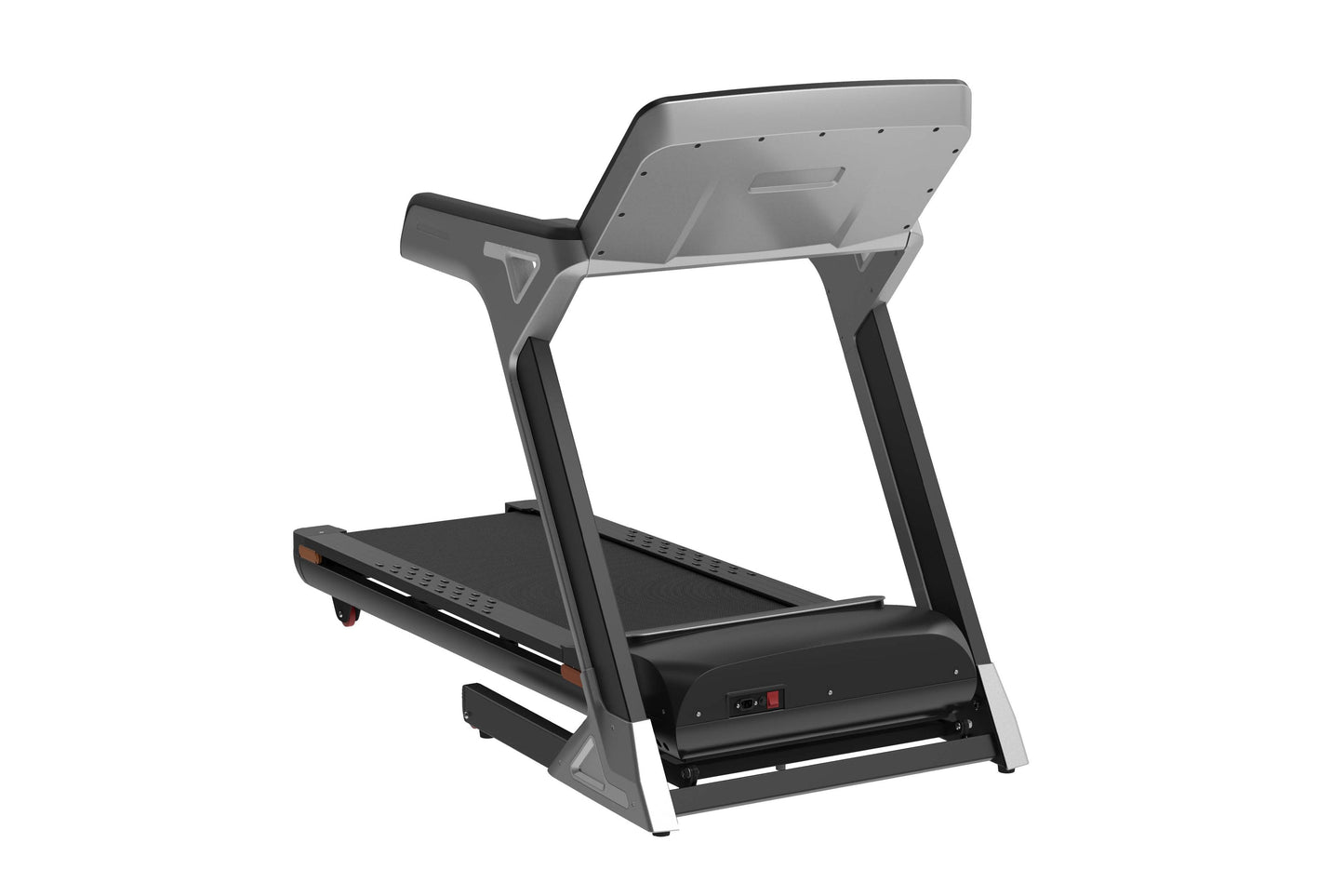 Black and gray folding treadmill with touch console display, gray frame, black running belt, and control panel on white backg