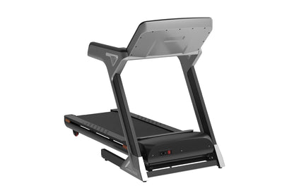 Black and gray folding treadmill with touch console display, gray frame, black running belt, and control panel on white backg