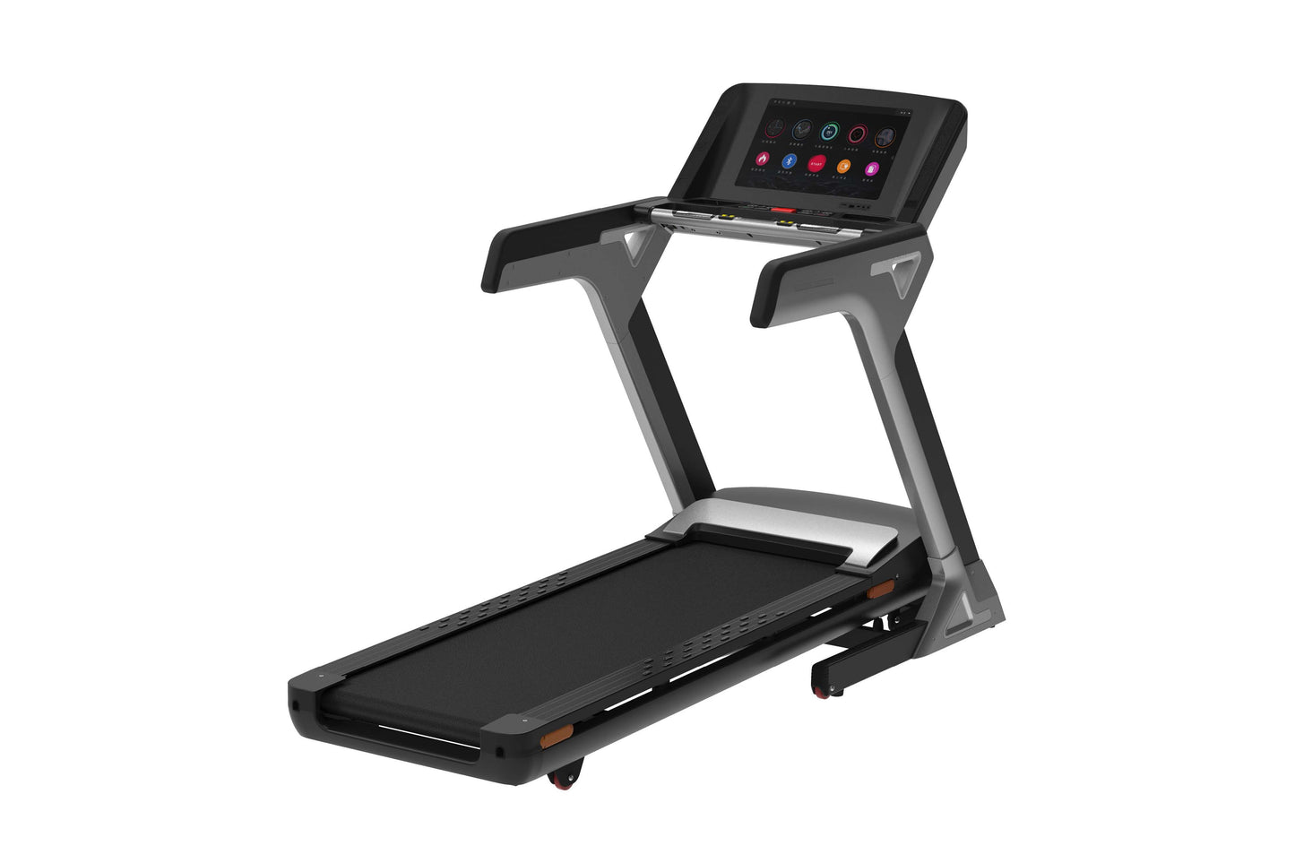 Black and gray motorized treadmill with digital touchscreen console displaying colorful icons, on white background
