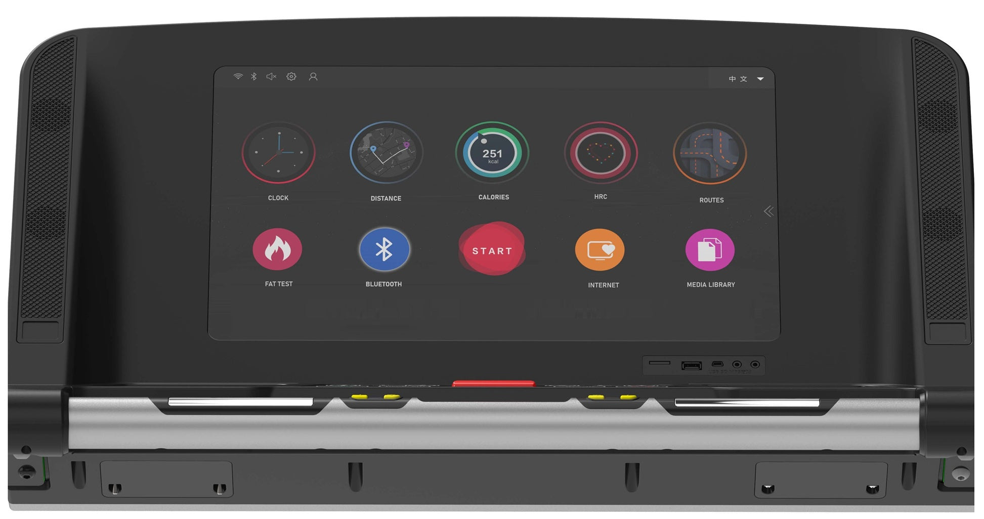Black folding treadmill with touchscreen display showing fitness app icons including clock, distance, calories, heart rate mo