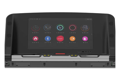 Black folding treadmill with touchscreen display showing fitness app interface with colorful circular icons and Chinese menu 
