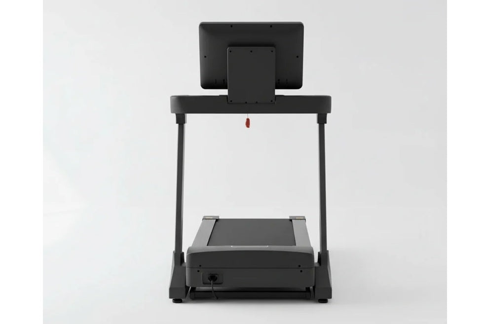 Black folding treadmill with digital display console mounted on top and cushioned running deck, front view on white backgroun