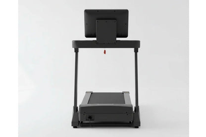 Black folding treadmill with digital display console mounted on top and cushioned running deck, front view on white backgroun