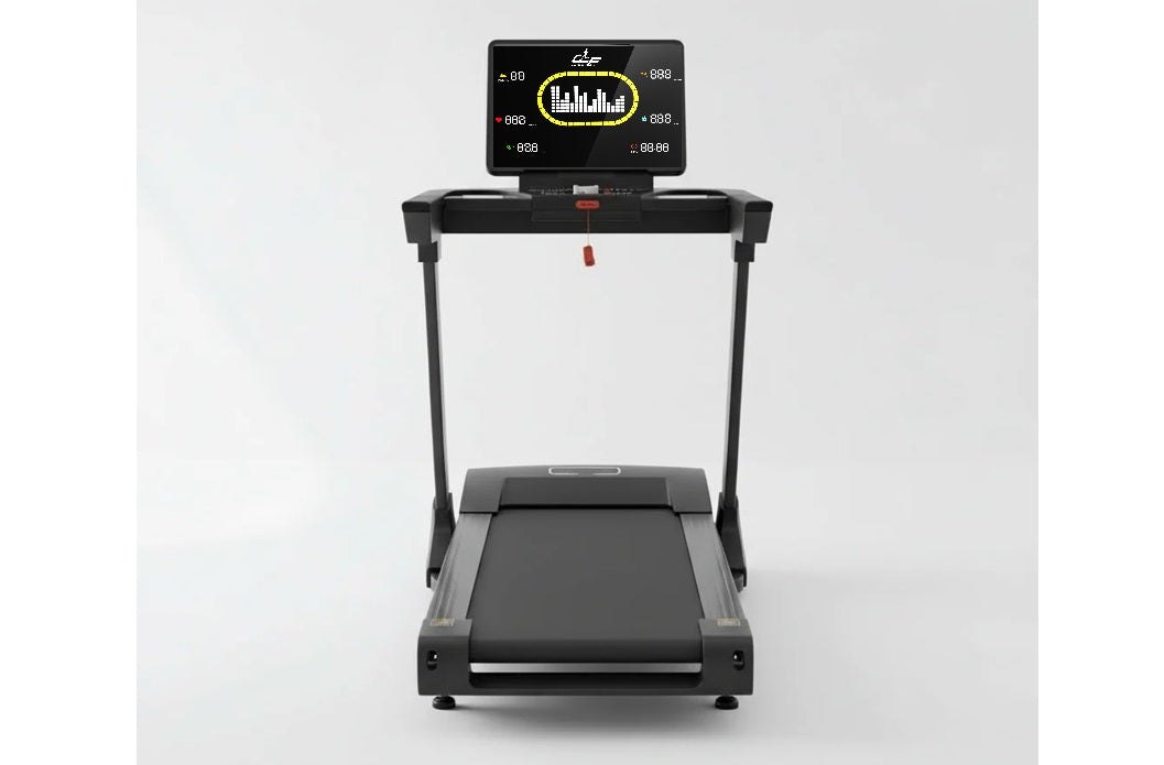 Black folding treadmill with digital display console showing yellow bar graph metrics on white background