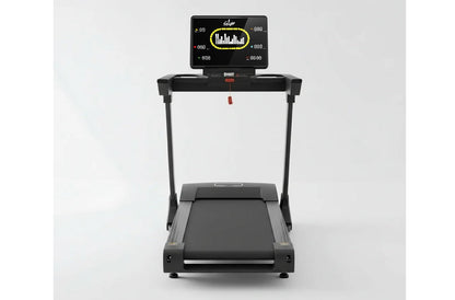 Black folding treadmill with digital display console showing yellow bar graph metrics on white background