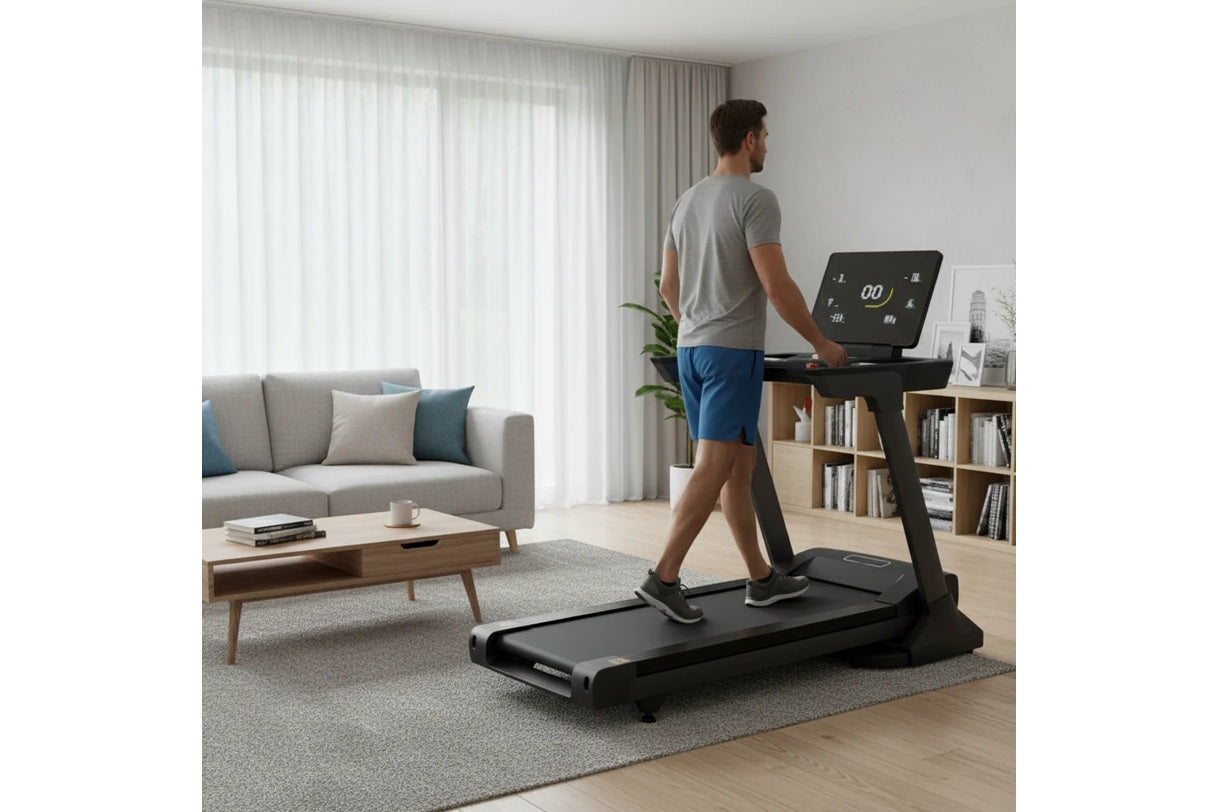 Man running on black folding treadmill with digital display in modern living room setting