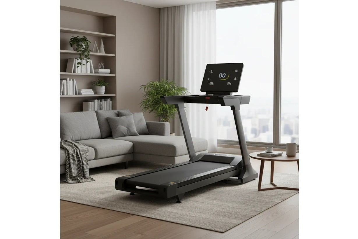 Black folding treadmill with digital display console in modern living room setting