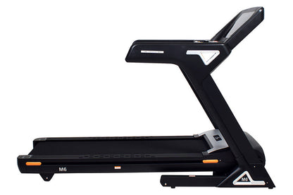Black and gray folding treadmill with touchscreen display, orange accents, and M6 branding on white background