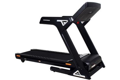 Black heavy-duty folding treadmill with digital touchscreen console, orange accents, and wide running deck on white backgroun