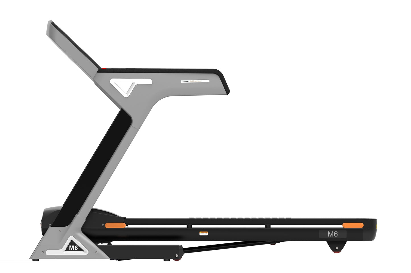 Gray and black folding treadmill with orange accents, digital display, and M6 model designation on white background