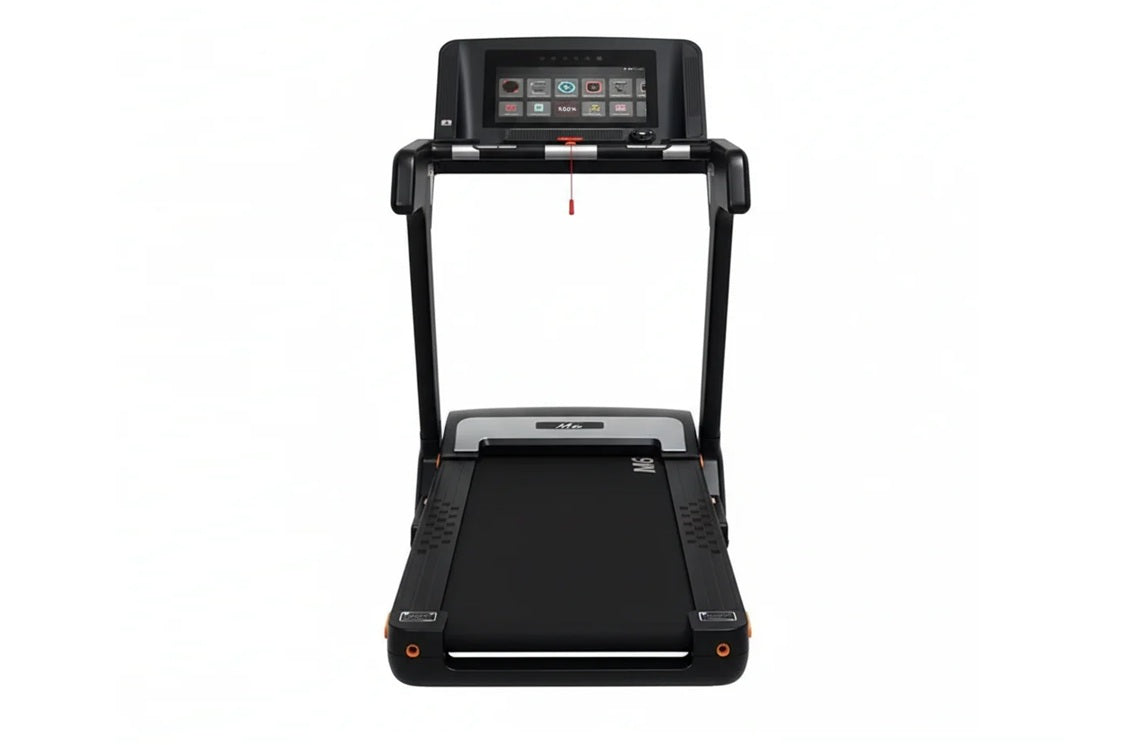 Black folding treadmill with digital touch console display and orange accent details, shown from front view on white backgrou
