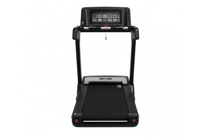 Black folding treadmill with digital touch console display and orange accent details, shown from front view on white backgrou